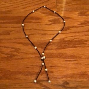 Brown leather and pearl necklace
